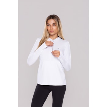 CAMISETA UV FEMININA ZIPER CANGURU MANGA LONGA COM DEDAL E CAPUZ UPF 50+